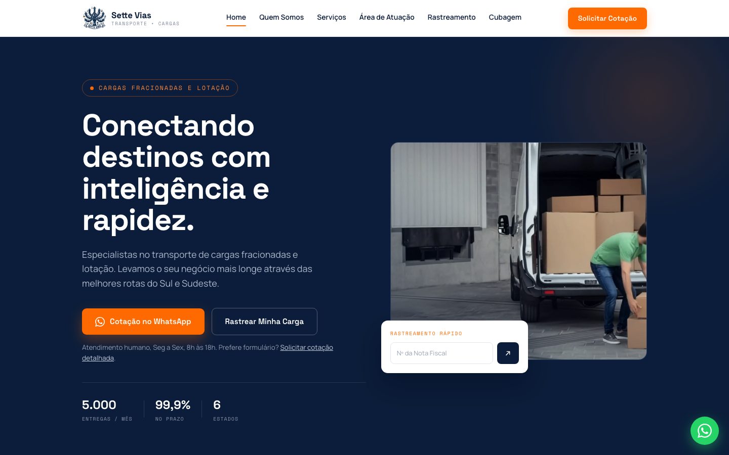 Página inicial do site Sette Vias no computador